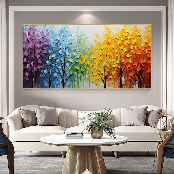Colorful trees landscape painting,large forrest wall art,Large original oil painting on canvas,autumn season painting,Living room painting