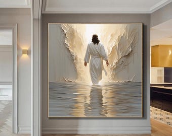 May include: A painting of a person in a white robe walking on water. The person is walking towards a bright light in the distance. The water is a light blue color and the sky is a light gray color.
