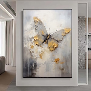 Grande dipinto a farfalla grigia e dorata, arte da parete strutturata astratta di grandi dimensioni, pittura minimalista, decorazione della parete del soggiorno su tela