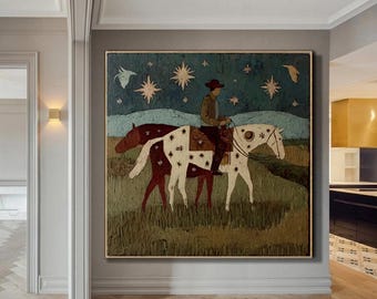Large Textured Impasto Western Spirit Art Minimalist Cowboy with Starry Horse Painting Modern Farmhouse Wall Decor Olive Green Painting