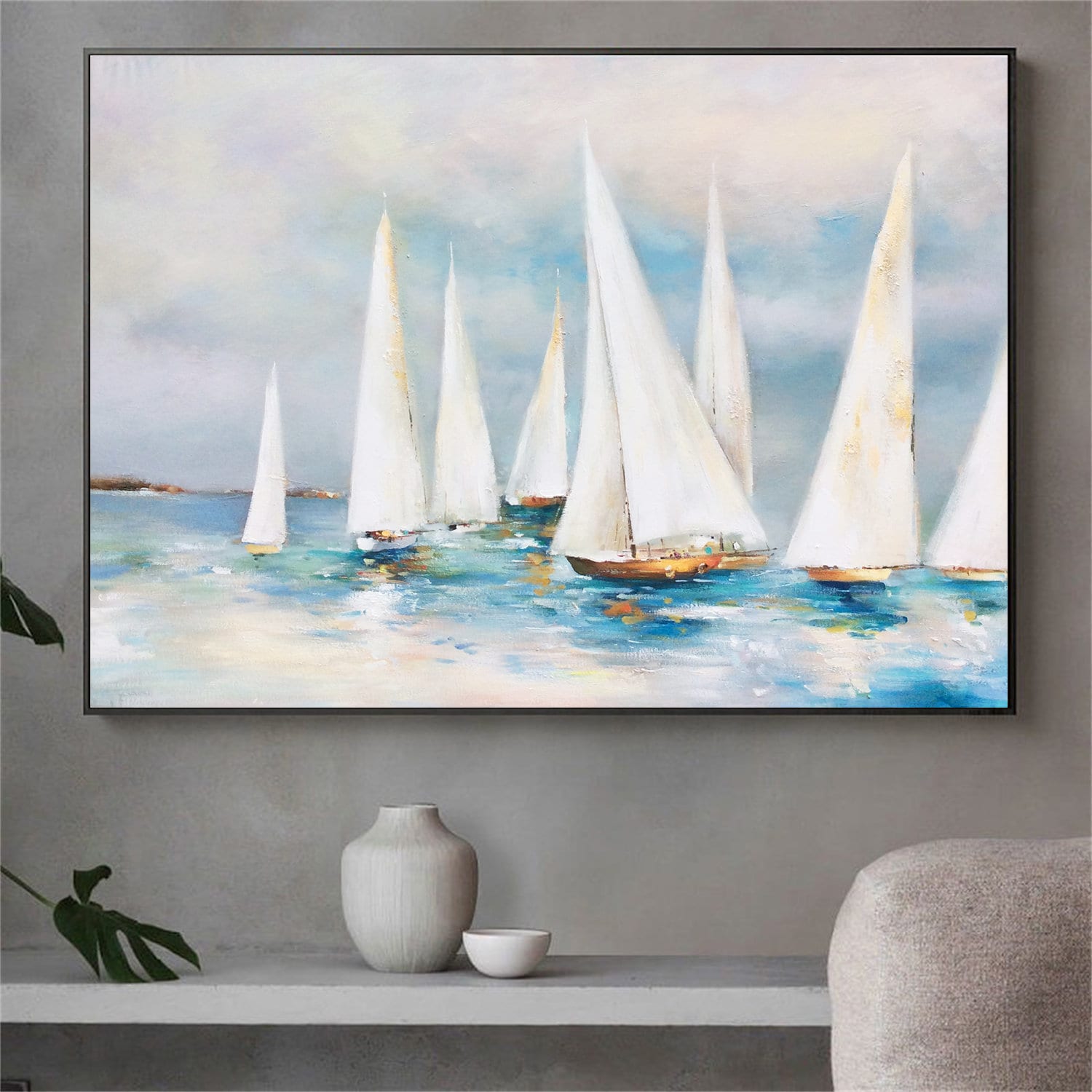Large Sailboat Party Oil Painting, Original Sailboats Gather in