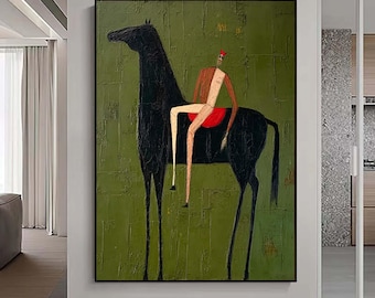 Abstrakt kanvastavla med hästrytter: Olivgrön texturerad oljemålning, väggkonst i japansk stil