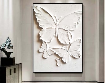 Palette Knife Butterflies Wall Art,Minimalist White 3D Wall Art,Textured Paintings,White Acrylic Paintings, Minimalist White Abstract