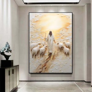 May include: A painting of a person in white robes walking through a desert landscape with a staff in their hand. The person is surrounded by white sheep. The painting is done in a textured style, with thick brushstrokes and a warm color palette.