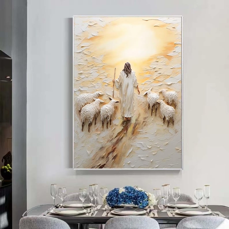 May include: A painting of a man in white robes walking with a staff, leading a flock of white sheep towards a bright light in the distance. The painting is done in a textured style, giving the impression of depth and movement.
