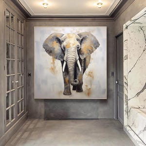 Gran pintura abstracta de elefante, pintura texturizada en gris dorado, arte mural de animales de gran tamaño, arte abstracto para sala de estar, lienzo extragrande.