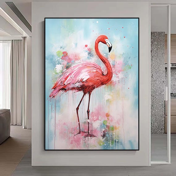 大きな抽象フラミンゴの絵画、水鳥のテクスチャ絵画、特大動物の壁