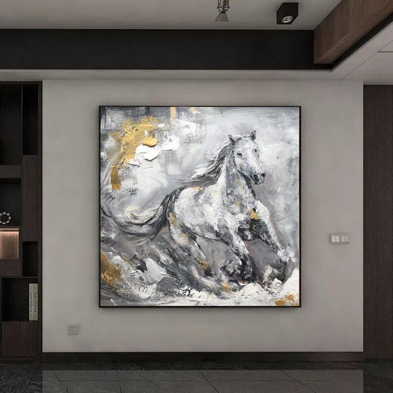 May include: Abstract painting of a white horse running through a grey and gold landscape. The horse is painted in a realistic style with details of its mane and tail.