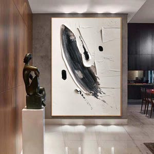 Black And White Textured Painting,Minimalist Modern Abstract Painting, Palette Knife Wall Art,Living Room Wall Abstract Art White Canvas Art