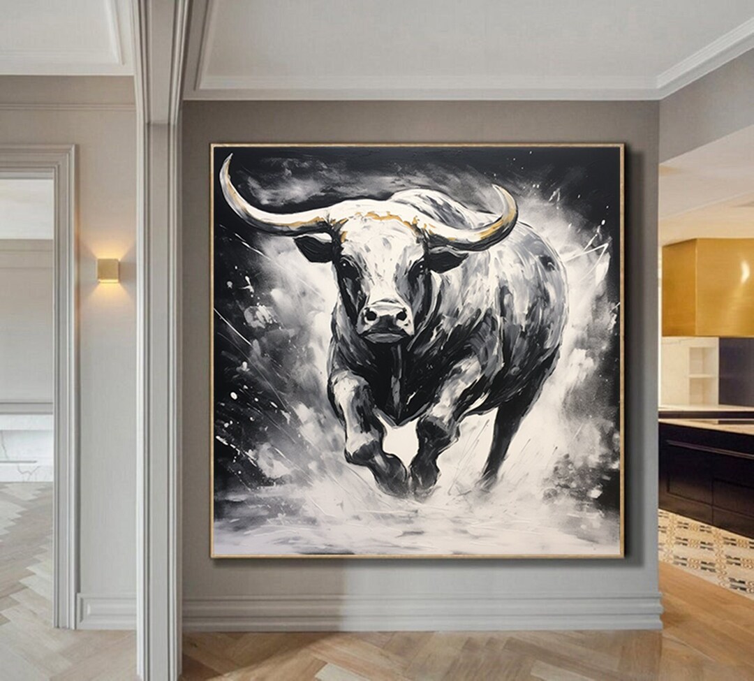 Black and White Bull Wall Art,textured Abstract Painting on Canvas ...