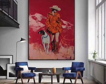 Originele abstracte cowgirl in rood schilderij vrouw en hond muurkunst grotere ingelijste canvas kunst anonieme man muur kunst modern decor