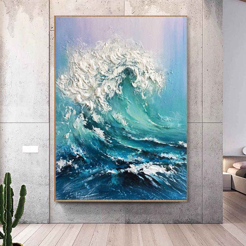 Abstract Ocean Waves Painting,Original Sea Abstract Oil Painting,White Waves Texture Painting,Large Sky And Sea Painting,Living Room Art shops
