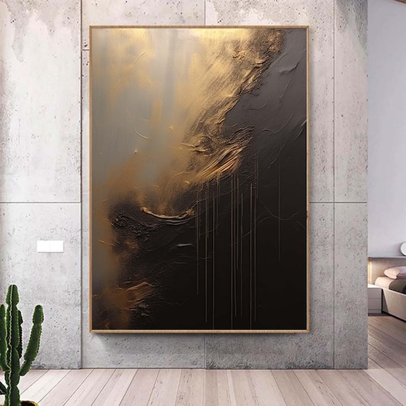 Hand-Painted Oil Painting – Black White Grey Abstract Wall Art, 24x36 Inch, 3D Texture, Gold Petal