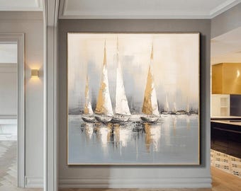 Large sailboat party oil painting, Original Sailboats gather in the harbor landscape to paint Artwork, Nautical oil painting art on Canvas