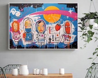 Grote abstracte graffiti NASA-team schilderij kleurrijke getextureerde straat canvaskunst voor woonkamer