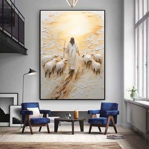 May include: A painting of a person in a white robe walking with a staff, leading a flock of white sheep. The painting is done in a textured style, with a bright yellow background.