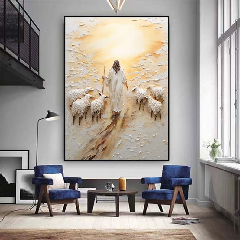 May include: A painting of a person in a white robe walking with a staff, leading a flock of white sheep. The painting is done in a textured style, with a bright yellow background.