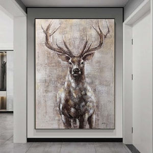 Cuadro abstracto de ciervo grande, cuadro texturizado en gris y marrón, arte de pared de animales de gran tamaño, arte abstracto en lienzo para pared de sala de estar
