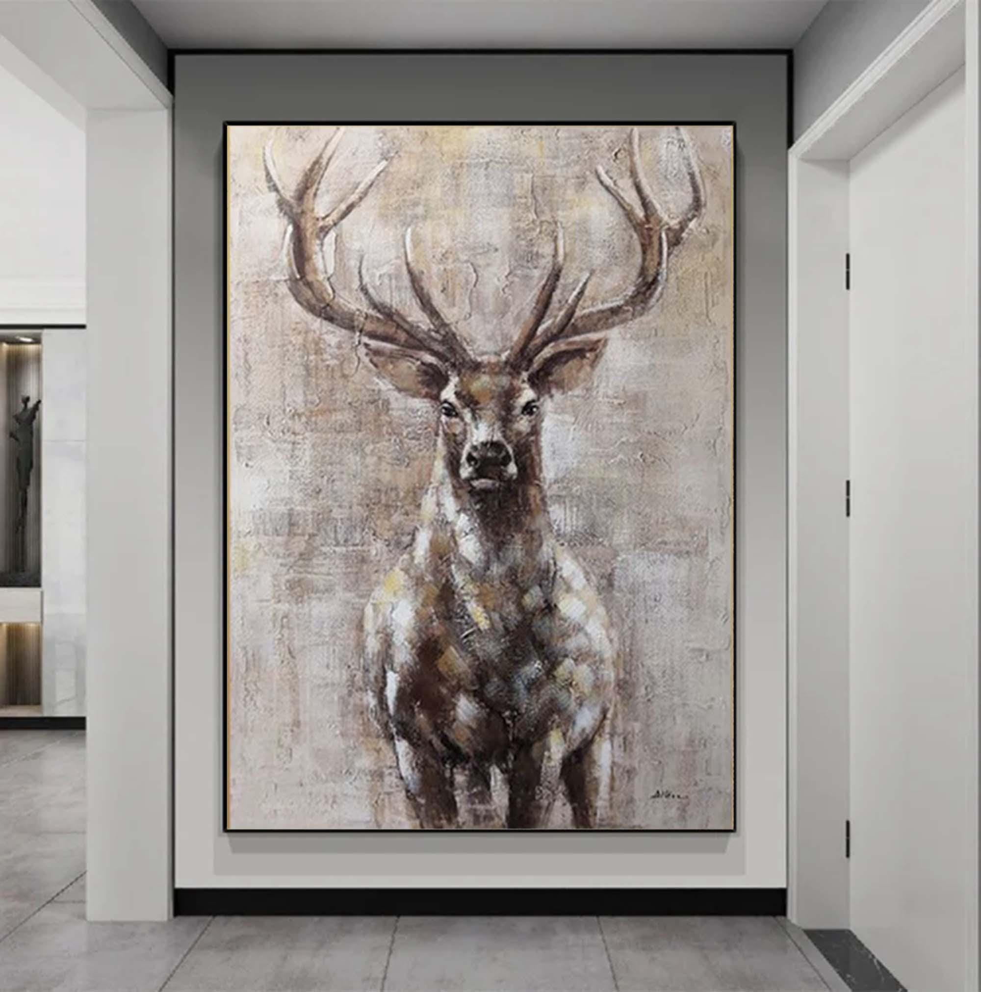 Large Deer Abstract  Painting,Gray Brown Textured Painting, Oversized Animal Wall Art,Living Room Wall Abstract Art Canvas Art