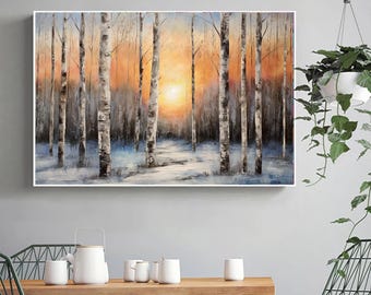 Birch trees textrued oil painting,Original Sunset in Forrest wall art,abstract landscape painting,Original painting,decorative painting