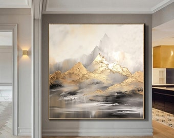 Grandes pinturas abstractas de montaña, pintura minimalista de oro gris, abstracto de espátula, arte de pared de paisaje texturizado, pinturas decorativas