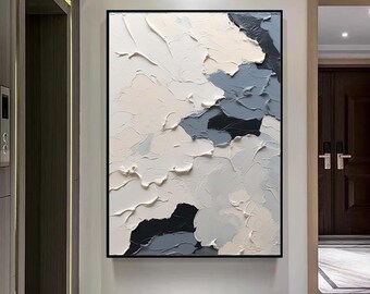 Large Nordic White Abstract, Navy Blue Modern Living Room Abstract