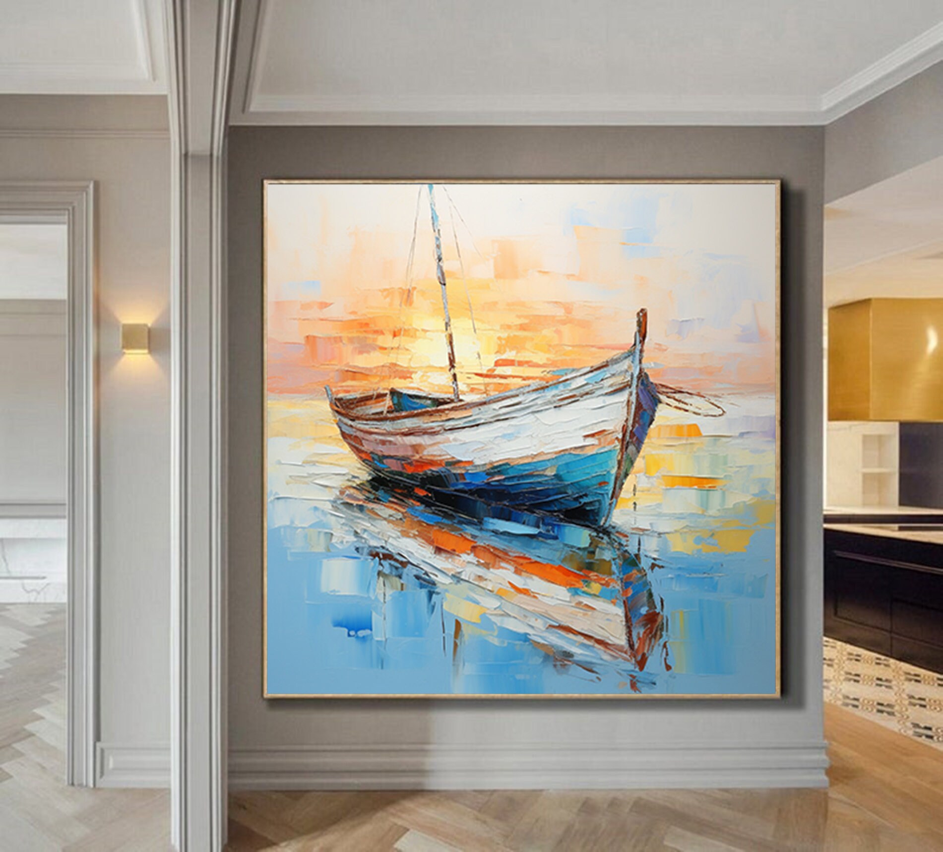 Palette Knife Boat Oil Painting, Original Sailboats Gather in the