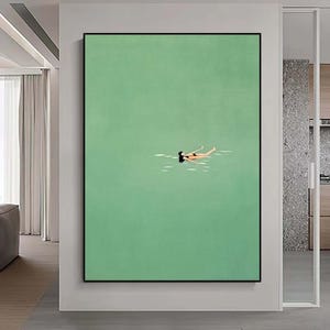 Swimming Into The Sea Green Ocean Painting Vintage Retro Painting Green Minimalist Painting Landscape Painting Holiday Style Art Home Decor