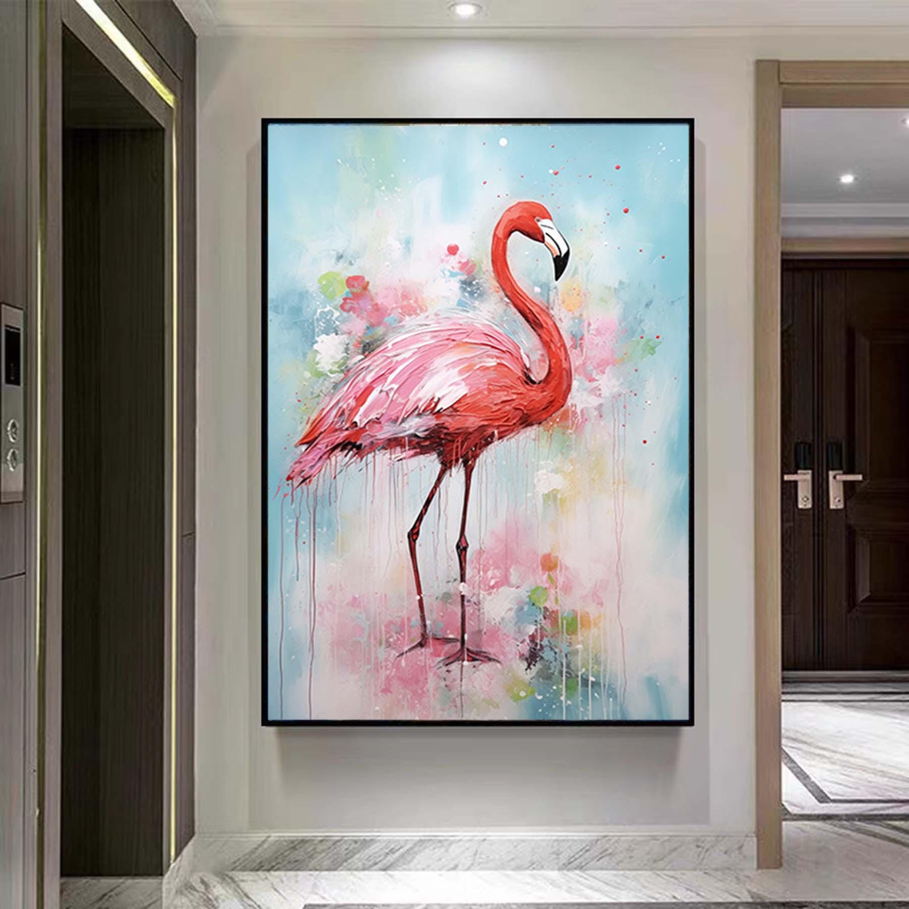 大きな抽象フラミンゴの絵画、水鳥のテクスチャ絵画、特大動物の壁