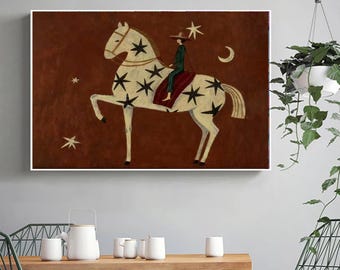 Arte abstrata em tela com cavaleiro: pintura a óleo texturizada em verde-oliva, estilo Japandi.
