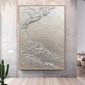 Seawaves Painting,Large Silver 3D Textured Paintings,Abstract Silver Painting,Silver Acrylic Paintings,Minimalist Abstract Wall Art for Home