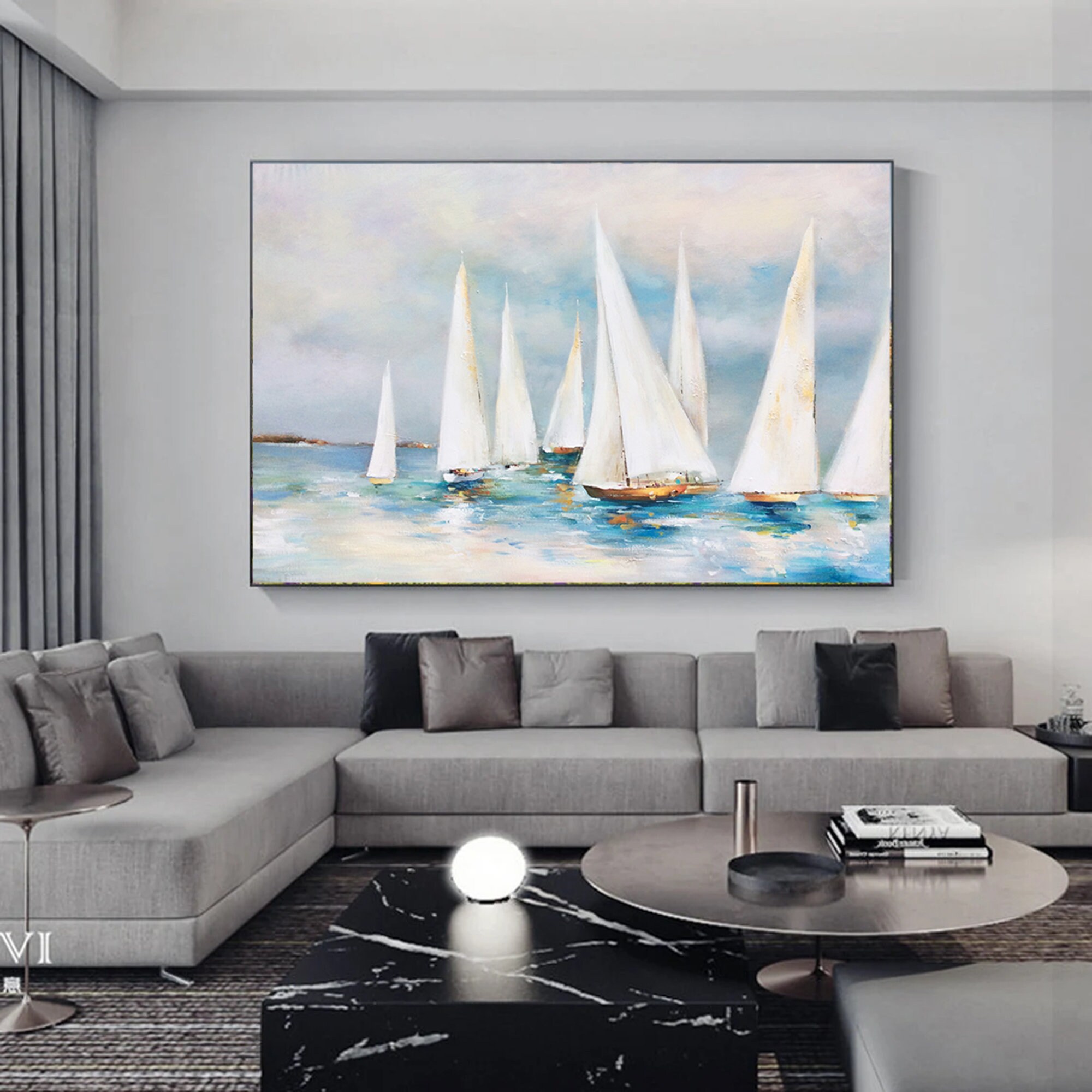 Large Sailboat Party Oil Painting, Original Sailboats Gather in
