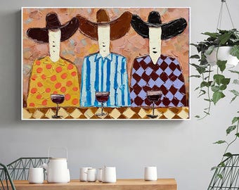 Minimalistyczny, figuratywny, ręcznie malowany abstrakcyjny obraz na płótnie, duży abstrakcyjny obraz olejny, trzech mężczyzn pijących wino, kapryśny portret