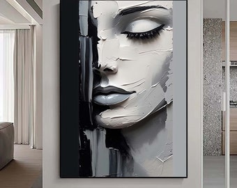 Sleeping Beauty Wall Art,Abstract Face Painting,Black and White Textured Painting, Palette Knife Wall Art,Living Room Wall Decor Art