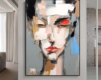 Gran pintura abstracta de hombre sin rostro, retrato de mujer, arte de pared original, lienzo figurativo, decoración del hogar enmarcada.