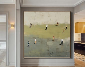 May include: Large framed abstract painting depicting a golf course scene. The artwork features a muted color palette of green, beige, and gray, with small figures representing golfers. The painting has a textured appearance and is displayed in a modern interior.