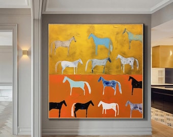 Abstracte originele paardenkunst, decoratief schilderij op canvas, extra grote muurkunst, oversized textuurschilderij, dierenkunst, grote canvaskunst