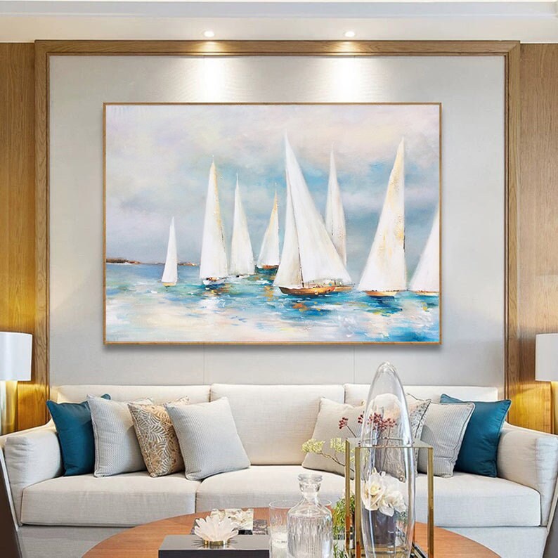 Large Sailboat Party Oil Painting, Original Sailboats Gather in