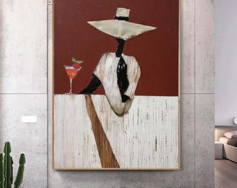 オリジナルウエスタンカウガールウォールアート 大きめの顔のない女性 キャンバスアート エレガントな女性 ワインを飲む 油絵 特大額装アート 壁装飾