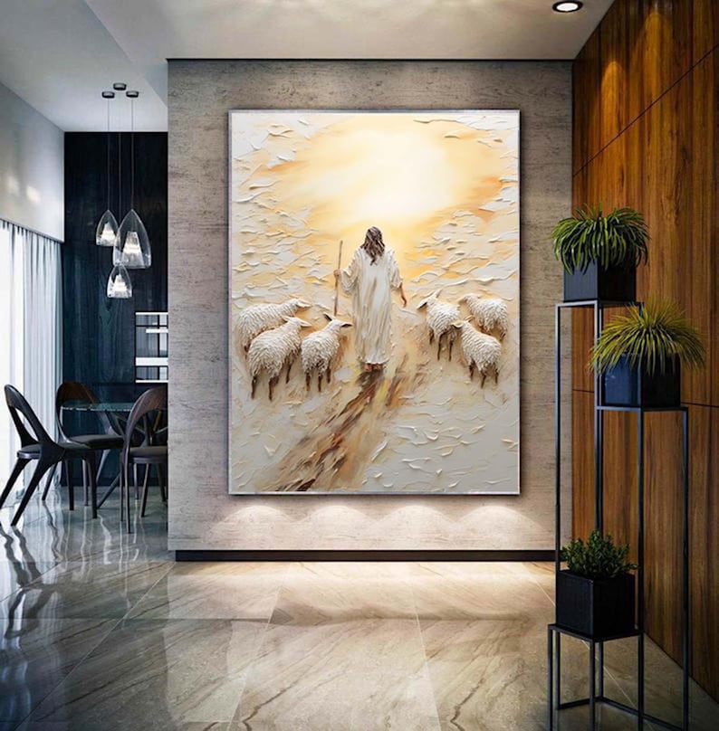 May include: A painting of a person in white robes walking with a flock of sheep in a field. The background is a bright yellow and orange sunset.