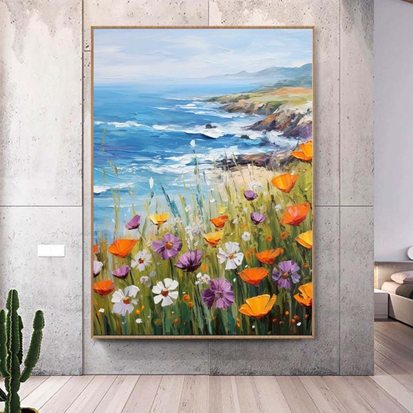 Palette Knife Abstract Landscape Painting,Flowers Beside Coast Painting,Extra Large Floral Wall Art,Textured Acrylic Paintings,Art For Room