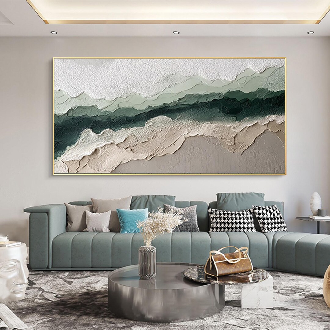 Sage Green Beige Minimalist Beach Painting Large 3D Textured Wall Art ...