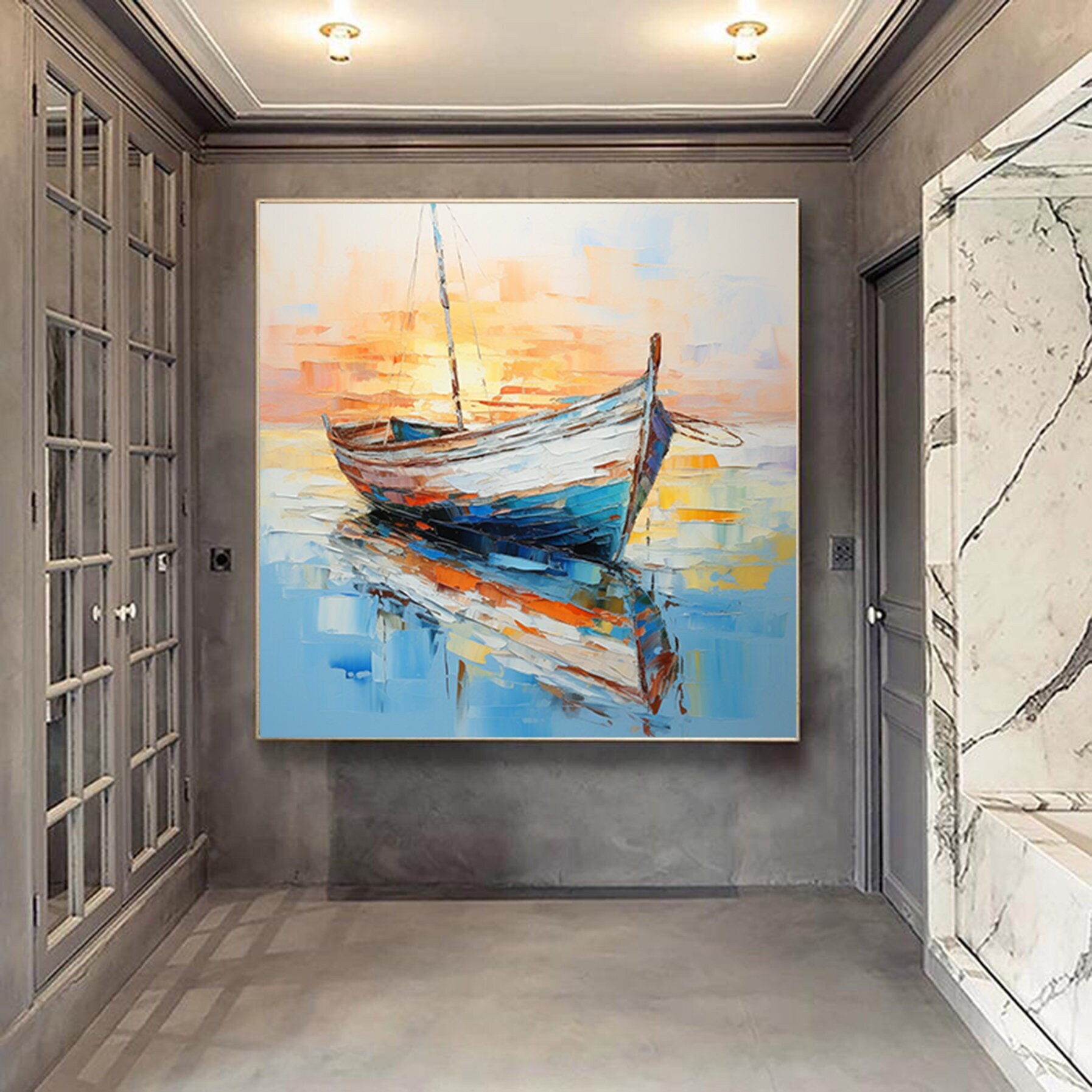 Palettenmesserboot-Ölgemälde, Originalsegelboote versammeln sich sich in der Hafenlandschaft, um Kunstwerk, nautische Ölgemäldekunst auf Leinwand zu malen