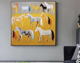Abstracte originele paardenkunst, decoratief schilderij op canvas, extra grote muurkunst, oversized textuurschilderij, dierenkunst, grote canvaskunst