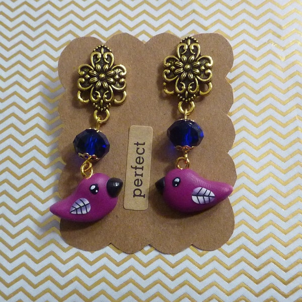 Bird - Gold bronze metal earrings kawaii purple kawaii bird in fimo polymer paste and midnight blue-faced pearl