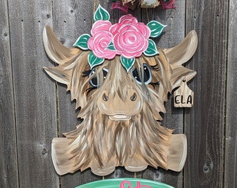 Teacher Door Hanger | Highland Cow Teacher Door Hanger | Classroom Decor Baby Highland Cow with Flower Crown | School Door Hanger