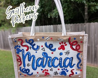 Custom Hand-Painted Jute Tote Bag - Personalized Gift Bag with Name, Scripture, or Floral Design - Bridesmaid, Teacher, Mother's Day Gift