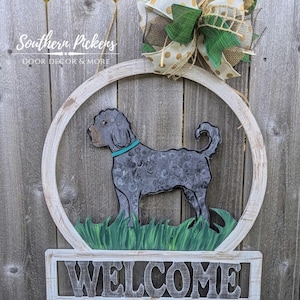 Golden Doodle Door Hanger, Doodle Pet Door Hanger, Golden Doodle Welcome Family Name Sign, Silver Golden Doodle, Chocolate Golden Doodle,