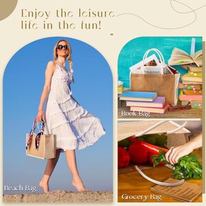 May include: An image promoting various bags. A woman in a white dress carries a beach bag with a blue and red scarf. Other bags include a book bag and a grocery bag. The text reads "Enjoy the leisure life in the fun!"