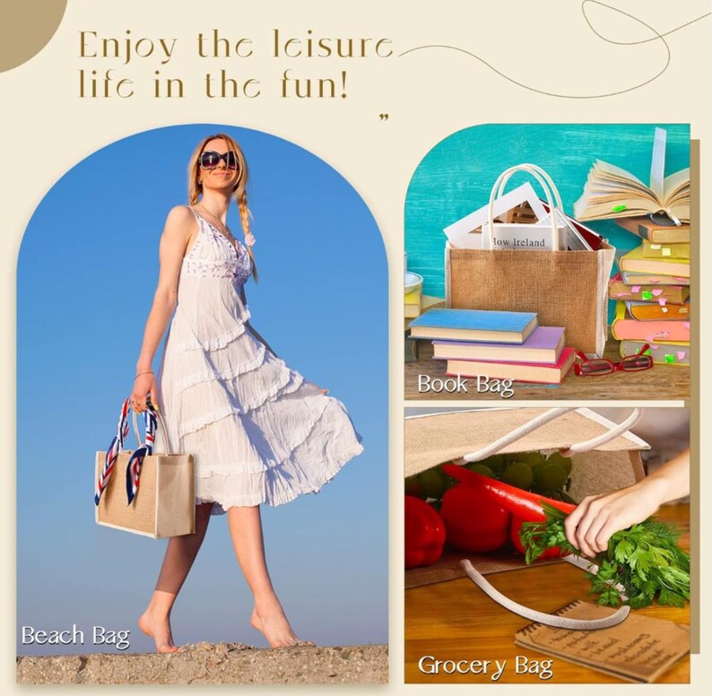 May include: An image promoting various bags. A woman in a white dress carries a beach bag with a blue and red scarf. Other bags include a book bag and a grocery bag. The text reads "Enjoy the leisure life in the fun!"